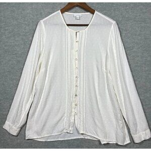J Jill Womens Blouse M White Ivory Button-Up  Long Sleeve‎ Swiss Dot